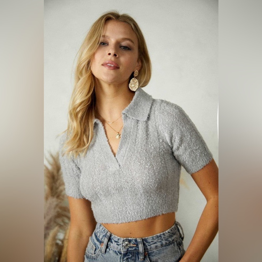 NEW WOMEN CROPPED POLO VNECK KNIT SWEATER - HEATHER GREY SIZE / M